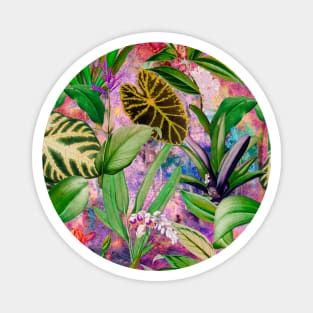 Tropical tropical floral leaves and foliage botanical illustration, pink purple leaves pattern over a Magnet